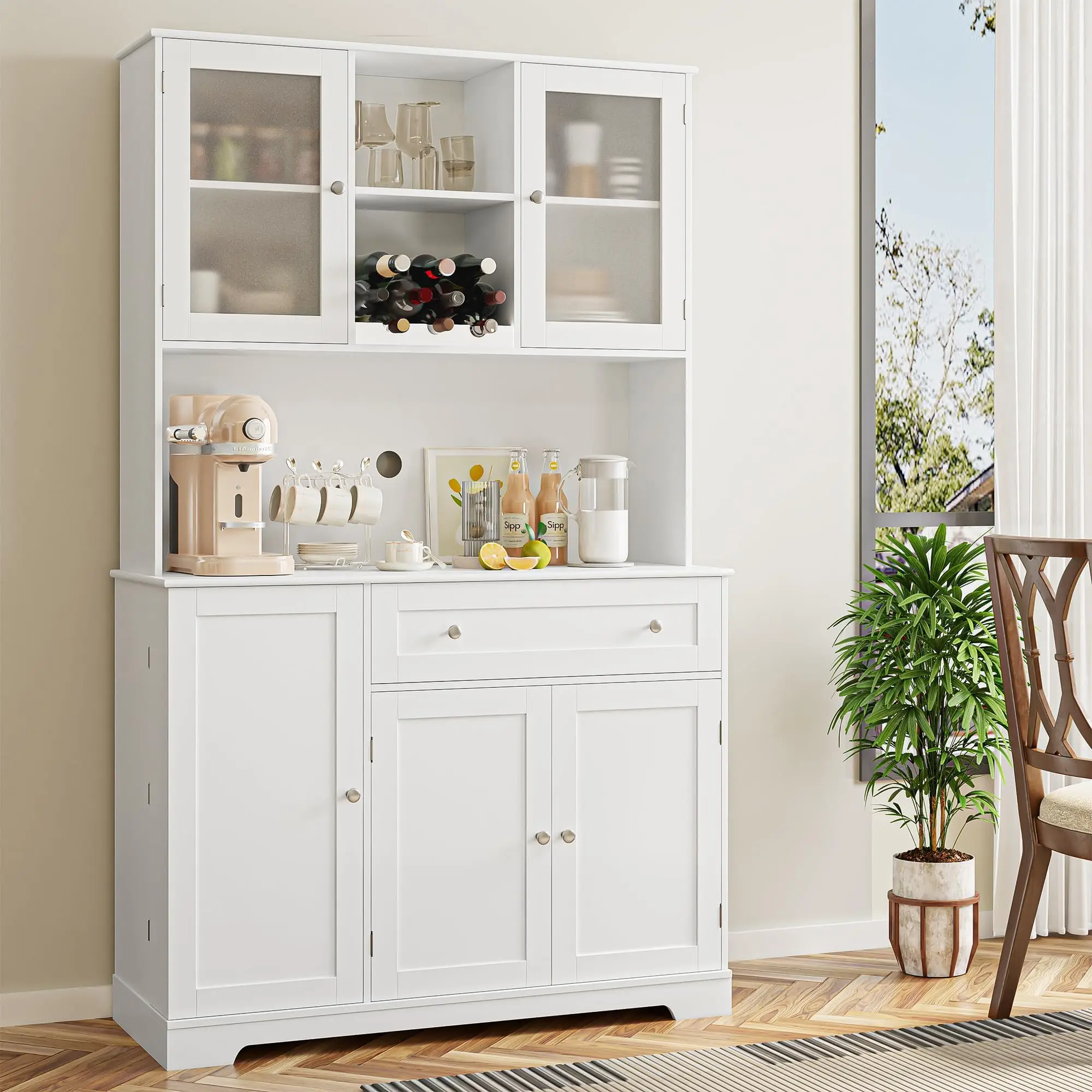 キッチンパントリー収納キャビネット、ハッチ付きのモダンなビュッフェキャビネット、電子レンジスタンド付きの背の高いキッチンハッチ、フードパントリー