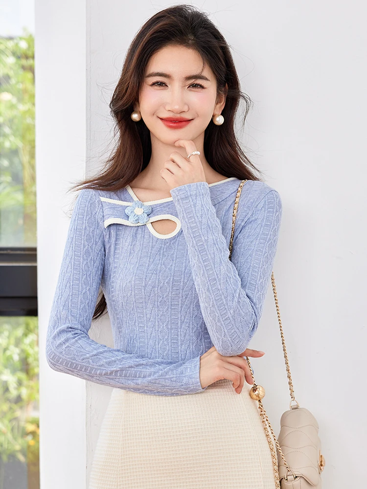 Design Sense Niche Knitted Tops Women Sweet Elegant Flowers Pullover Tops Autumn New Fashion Slim Fit Sweater