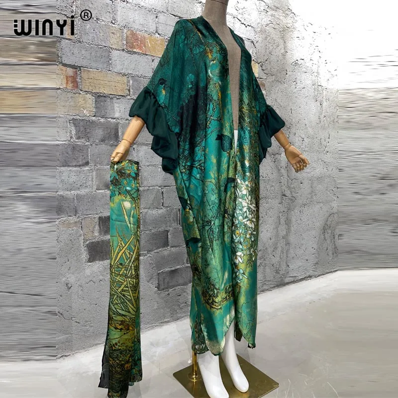 WINYI Fashion print Self Belted dress Women Elegant Summer holiday Bubble sleeve cardigan beach Wear Swim Suit cover up kimono