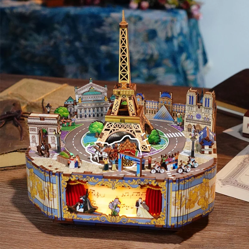 DIY 3D Wooden Music Box Miniature Model Kits Paris Street View Eiffel Tower Jigsaw Puzzles With Light Can Move for Friends Gifts