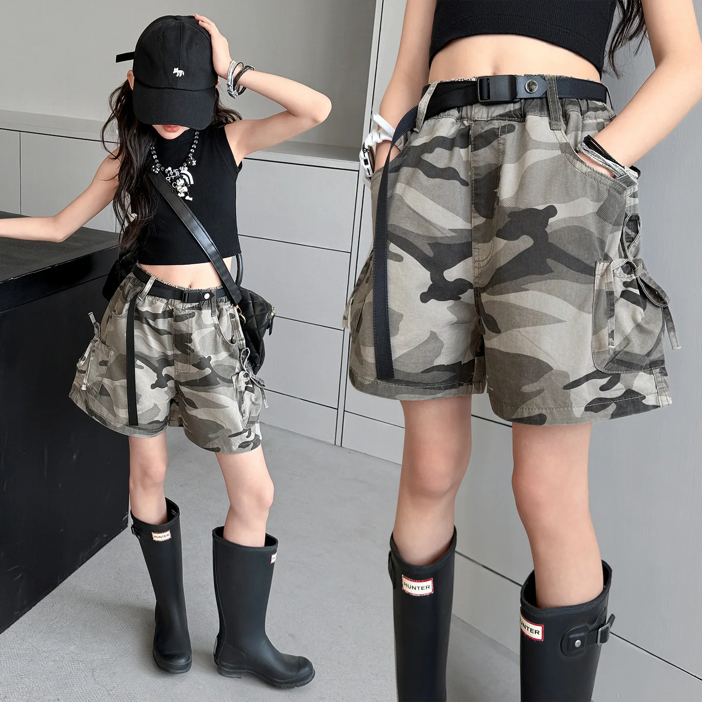 New Summer Tweens Girls' Camo Cargo Shorts Teens Child Loose Style Military Tactical Work Shorts Kids Camouflage Army Pants