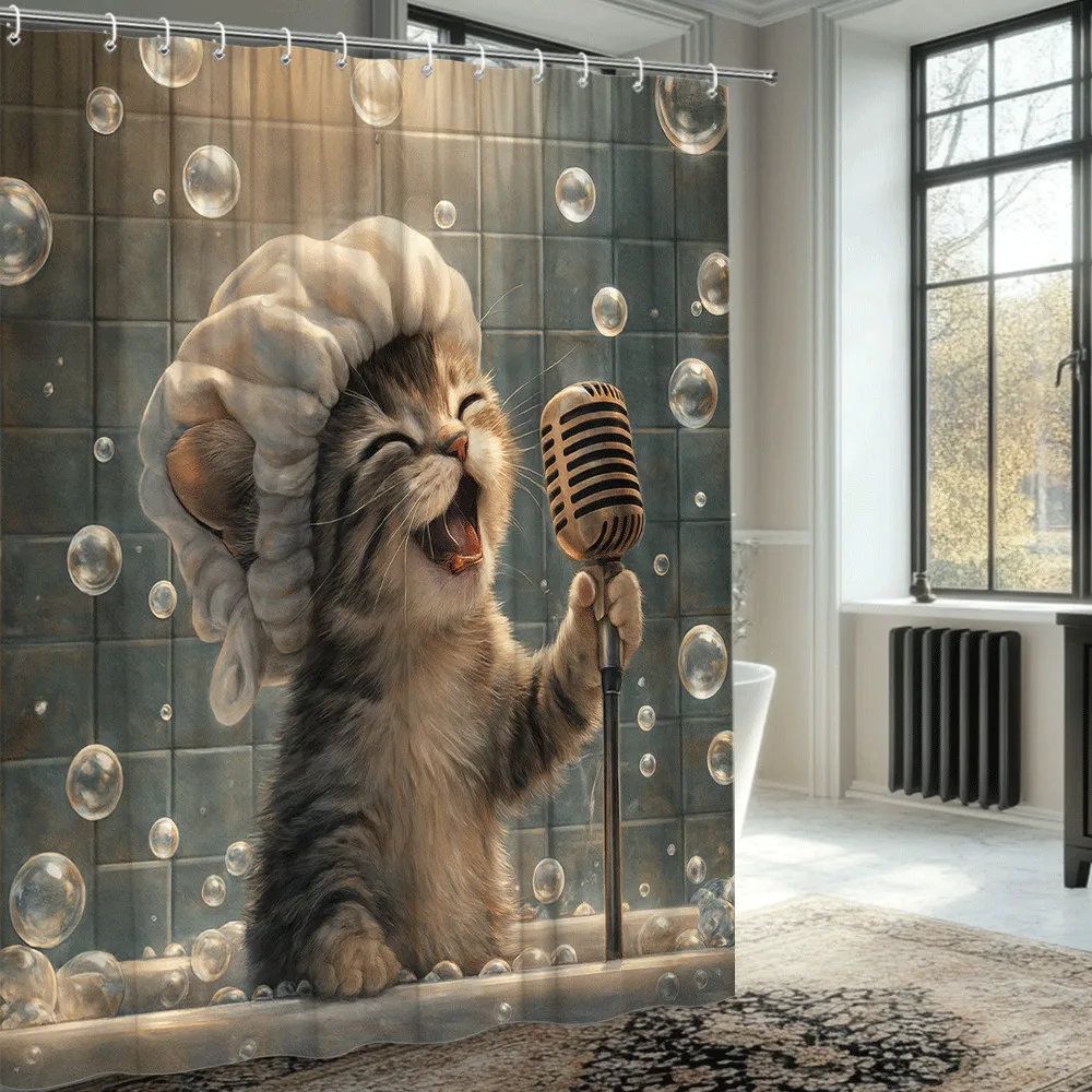 Cute Singing Kitten Microphone Printed Shower Curtain Waterproof Polyester Bathroom Decor Fun Animal Themed Bath Curtain Liner f
