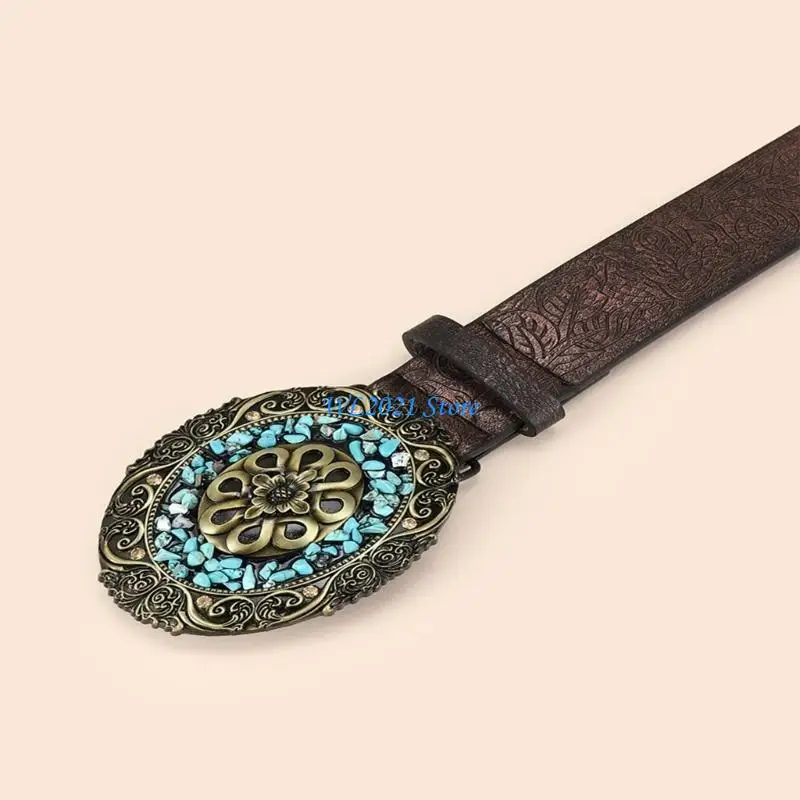 

G5GC Embossed Western Belt Engraved Belt Cowboy Belt Vintage Buckle Belt White Stone