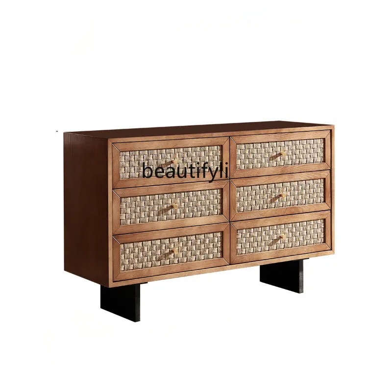 

Solid Wood Rattan Chest of Six Drawers Simple Modern Dining Side Drawer Storage Cabinet Storage Cabinet Hallway Cabinet