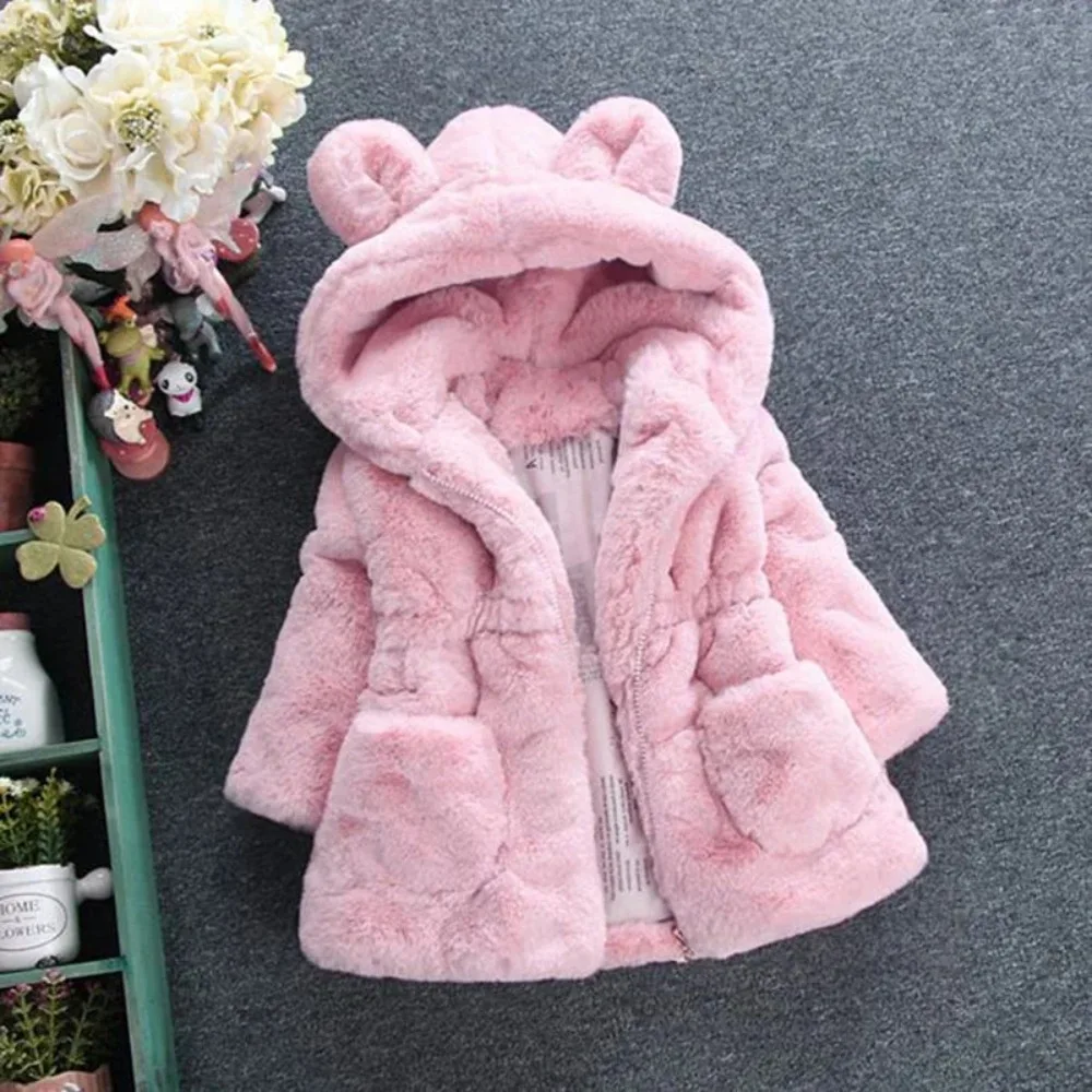 

Winter Hooded Thick Warm Plush Coat for Kids Ages 2-7 with Pockets Cute Solid Color Casual Zipper Closure Jacket