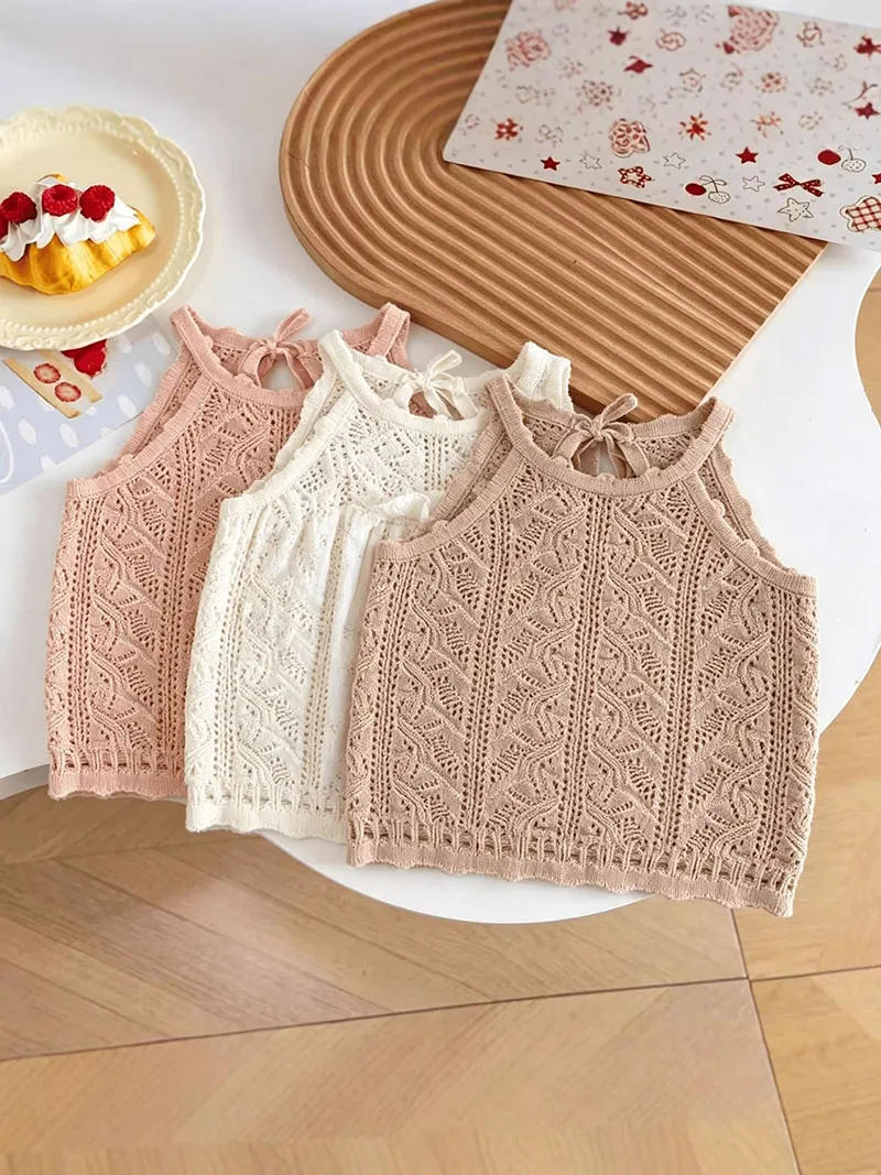 2026 New Summer Kids Knit Vest 1-6T Solid Color Hollow-out Girl Tank Top Children Clothes Baby Sleeveless Top