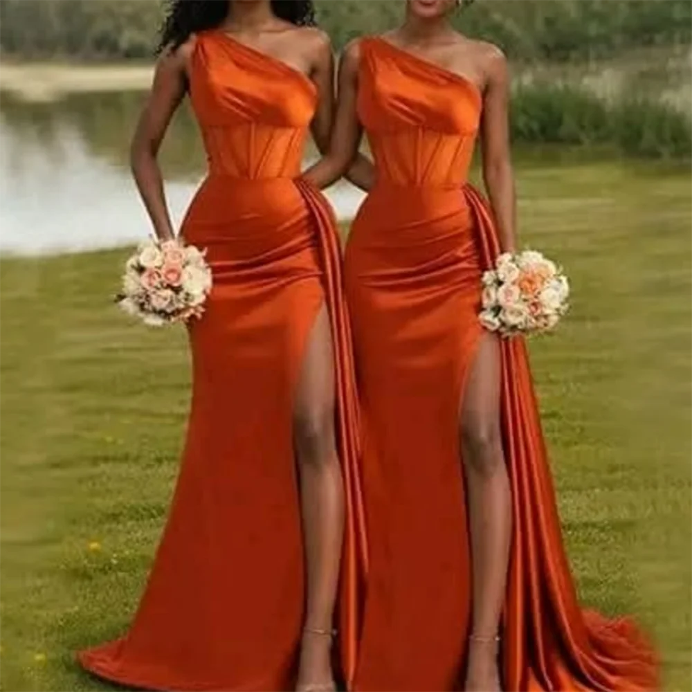 

Eightale Arabic Evening Dresses One Shoulder Satin Sexy High Side Slit Mermaid Customized Prom Party Gowns for Wedding