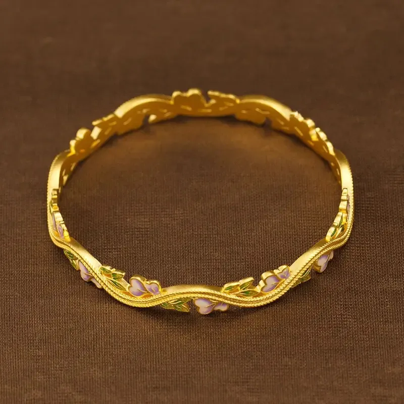YISON Luxury Gold Plated Wisteria Flower Bangle Enamel Lady Antique Purple Heart Bracelet for Women Jewelry Gift