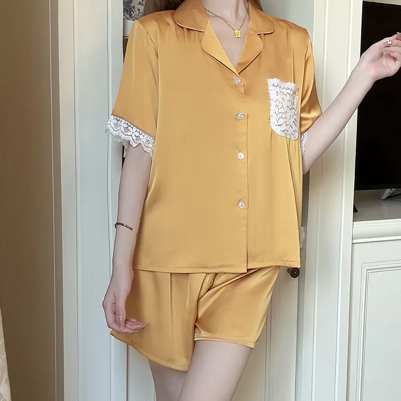 Ice Silk Sleepwear Women Summer Pajamas Sets Short Sleeve Shorts Lace Suit Thin Loungewear Kawaii Clothes Korean Nightwear Solid