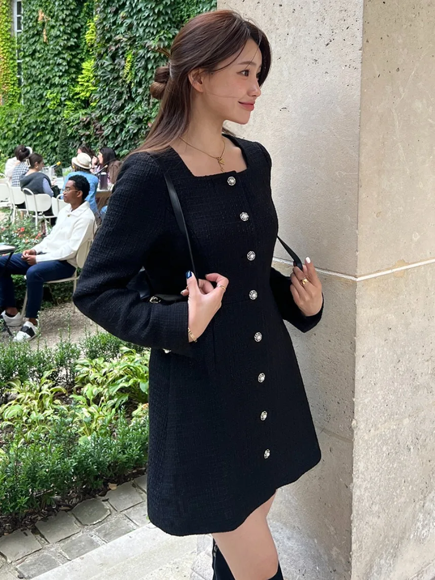 Vestido Curto de Gola Quadrada e Cintura Alta F Novo Estilo Coreano de Outono Moda de Rua Efeito Emaecimento Estilo ...