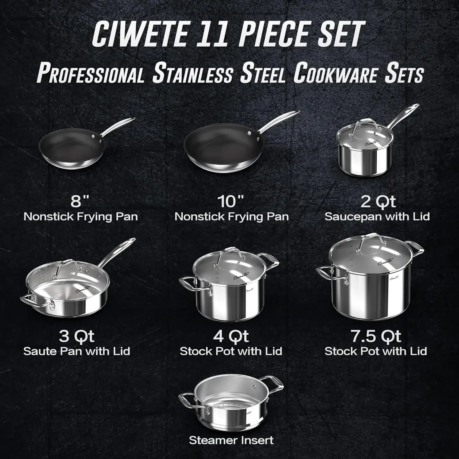 Ciwete Stainless Steel Nonstick Pots and Pans Set - 11PC, 18/10 Triple Ply Stainless Steel Induction Cookware Set, Kitchen