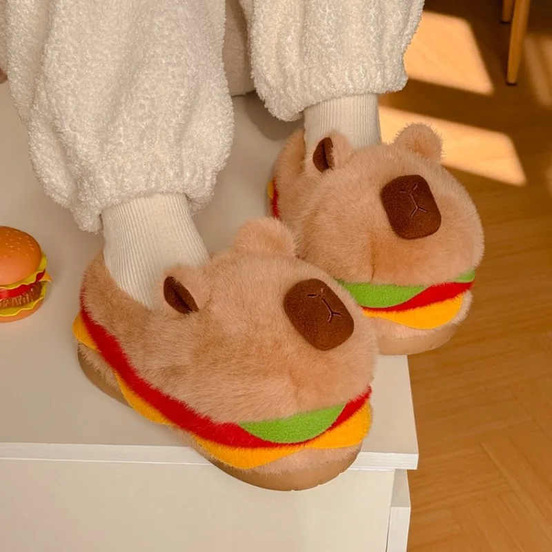 Zapatillas de algodón con tacón antideslizante para mujer, zapatos peludos con hamburguesa bonita, fregado de algodón para invierno