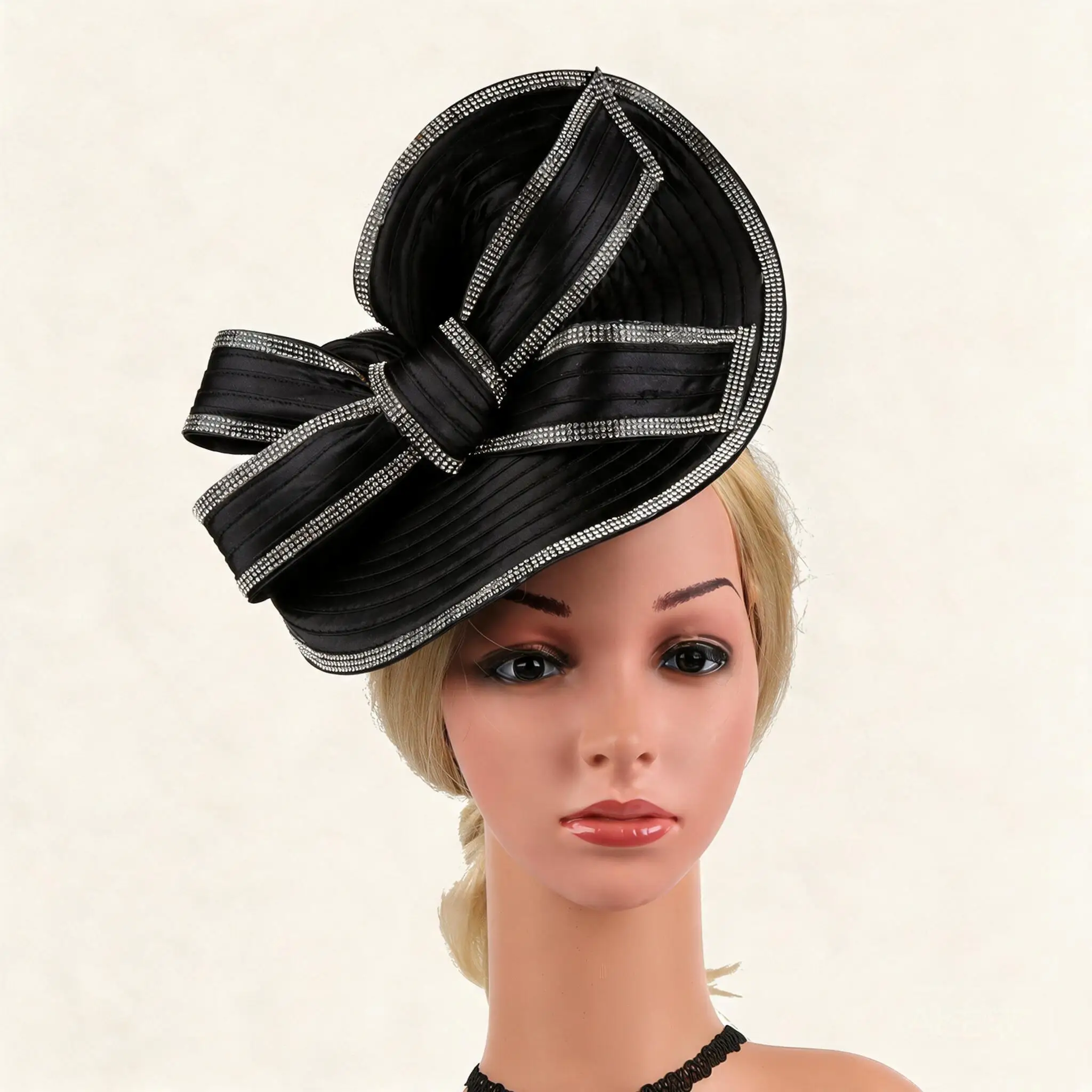 Elegant Rhinestone Decor Bow Fascinator Hat For Women Wedding Bridal Tea Party Cocktail Prom Cheongsam Photo Shoot Hair Accessor