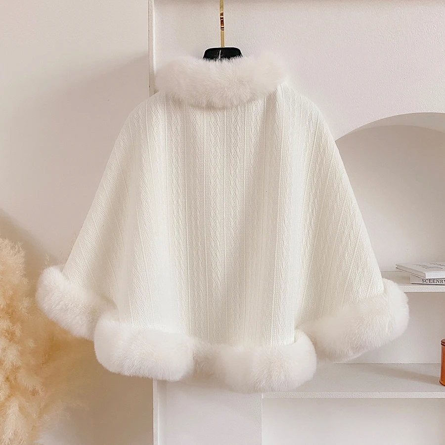 Thicken Woven Cotton Feel Faux Fur Trims Cape Poncho Women Winter Cheongsam Party Wedding Dress Shawl Wraps Elegant Noble