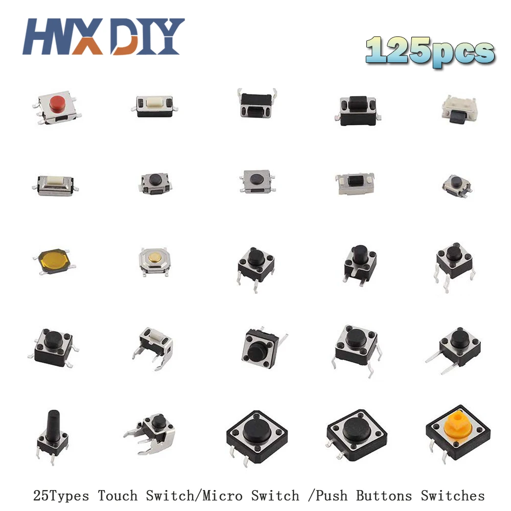 

125pcs 25Types Touch Switch/Micro Switch /Push Buttons Switches 2*4/3*6/4*4/6*6 Mini Leaf Switch SMD DIP DIY Electronic Kit