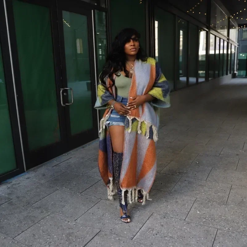 GUWU الخريف الشتاء محبوك سترة سترة عباءة الرأس النساء ملابس خارجية المرقعة شرابة هيم المفتوحة غرزة فضفاضة القوطية معاطف