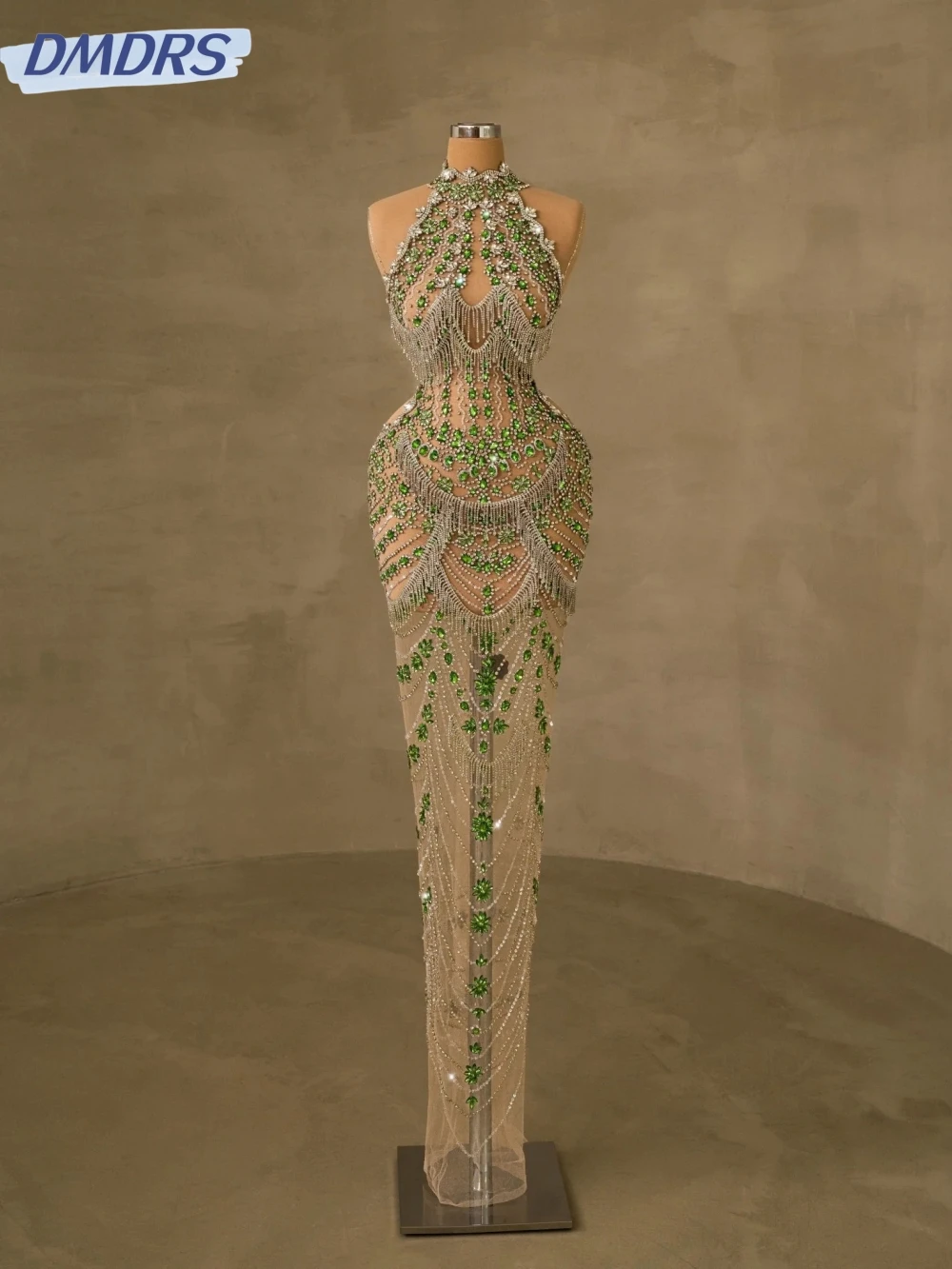 Luxury Green Beaded Crystal Evening Dress Sexy Illusion Halter Prom Dresses New Customized Straight Long Wedding Party Gown