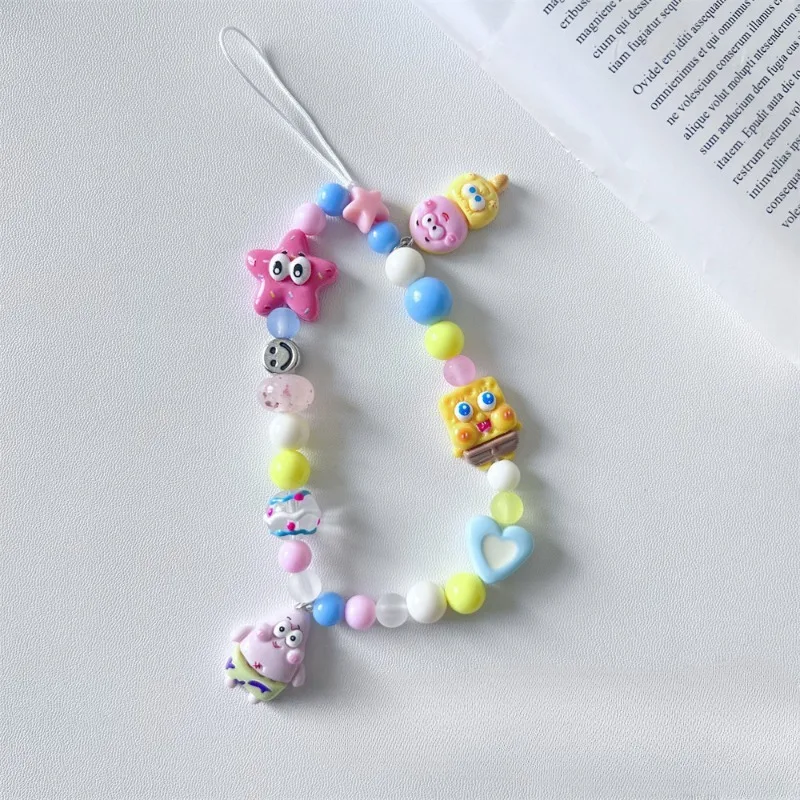 SpongeBob Phone Lanyard Wrist Strap Beaded Women's Hand-held Chain Short Anti-lost Cell Phone Case Cute Lanyard Key Pendant new