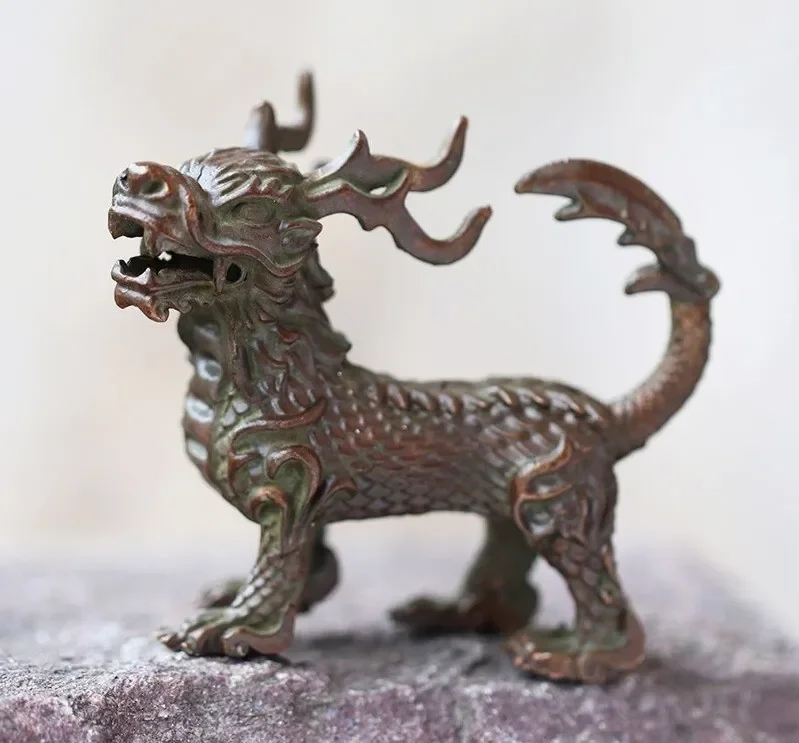 Chinese Copper collection kirin dragon statue figure tea pet table decoration