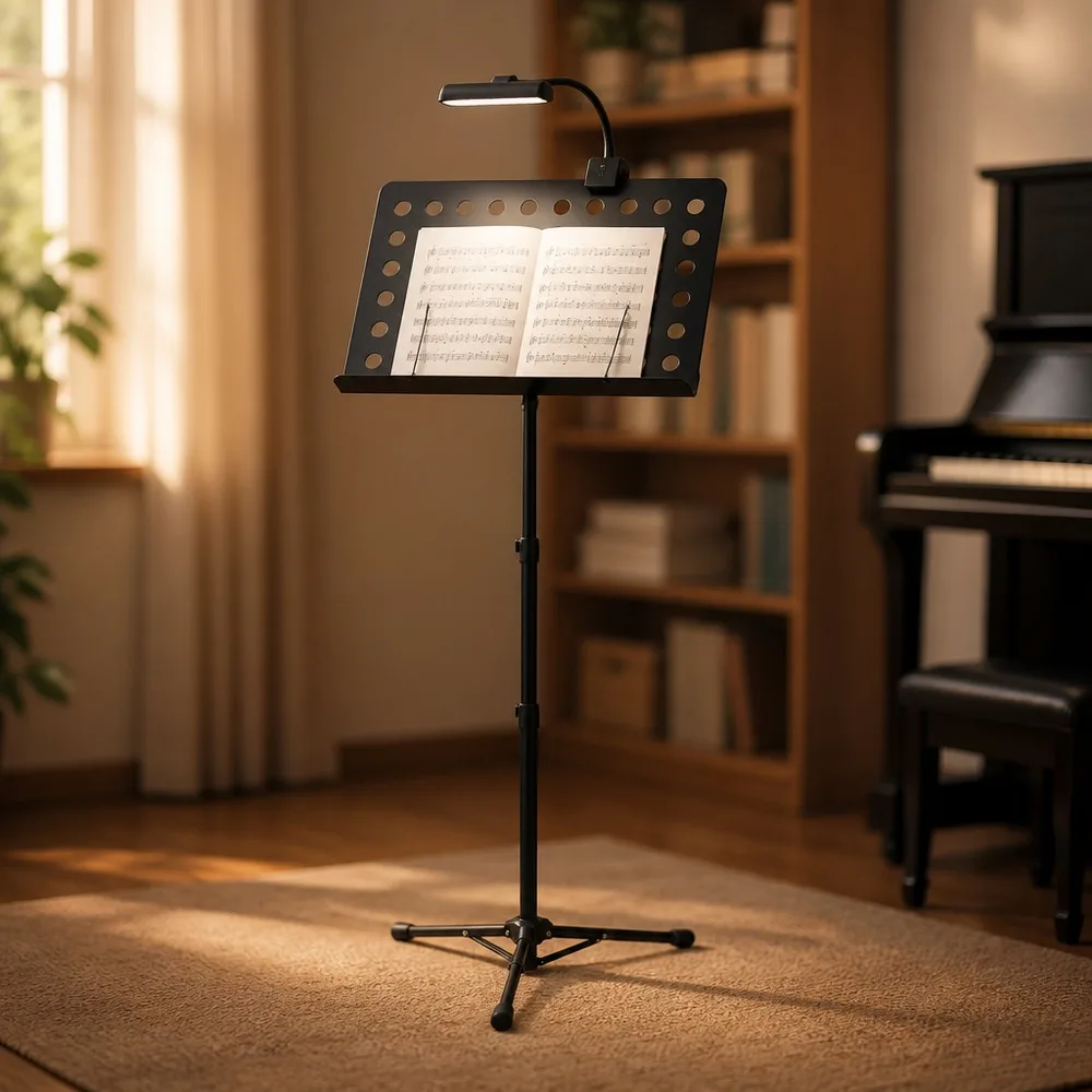 Matte Black Metal Music Stand Adjustable Telescopic, Sheet Music Stand Collapsible Tripod with Lamp Clip for Practice