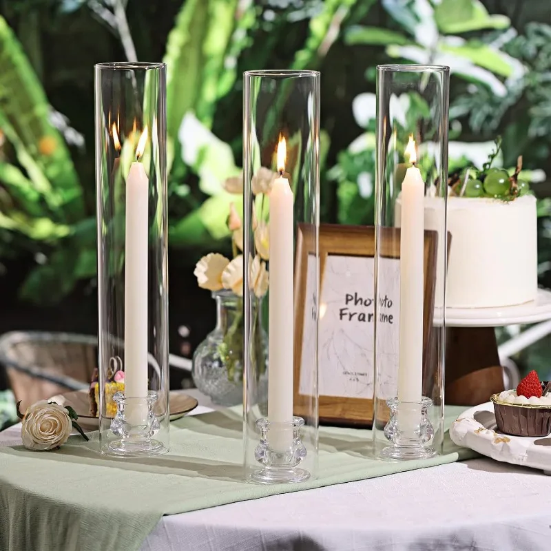 Set of 2 Hurricane Glass Candle Holders  for Taper Candles with Windproof Cylinder Covers 14