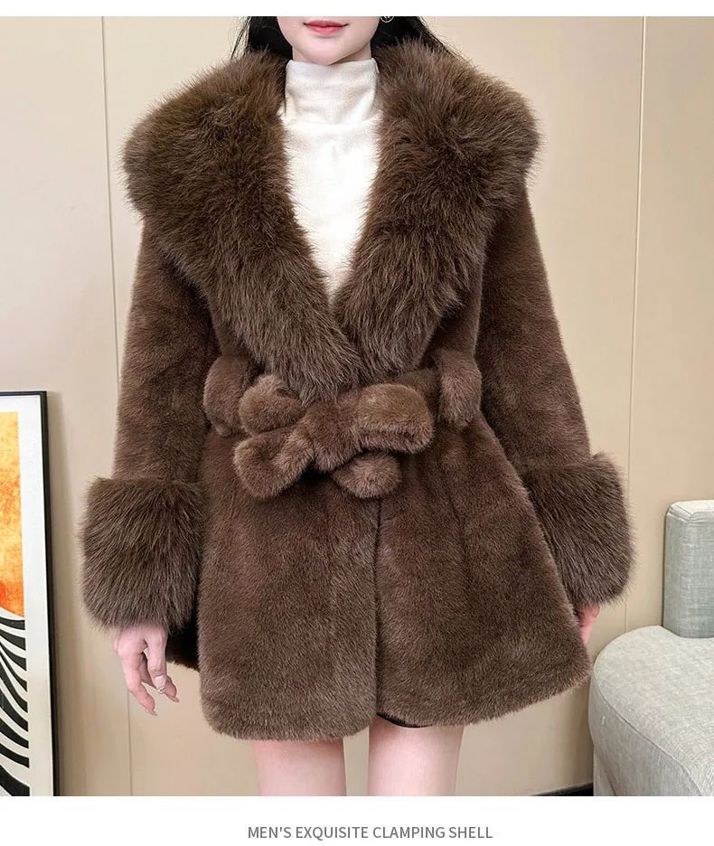 Faux Fur Coat Women Elegant Loose Mid Lenth Large Fur V Neck Long Sleeve Lace Up High Waist Autumn Spring Outerwear Jackets