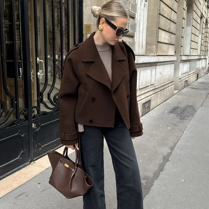 Frühling Damen Retro Revers Kurze Jacke Brauner Doppelreihiger Wollmantel Büro Locker Einfarbig Herbst Winter Mantel Damen-Outfit