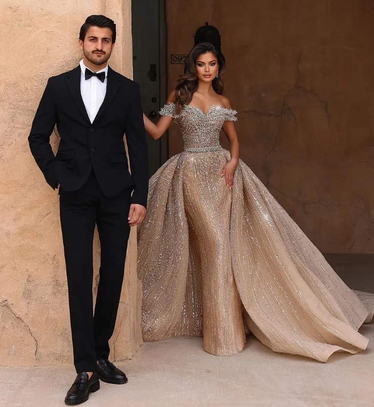Gorgeous Crystal Champagne Mermaid Wedding Dress Off Shoulder Backless Court Train Bridal Gown Vestido De Novia Customized