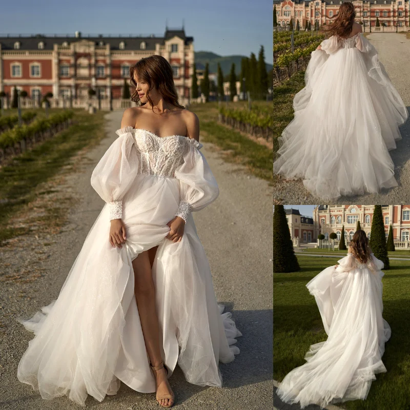

Mordern Sweetheart Neckline Wedding Dress Off Shoulder Lace Appliques Puff Sleeves A Line Bridal Gown Vestidos De Novia