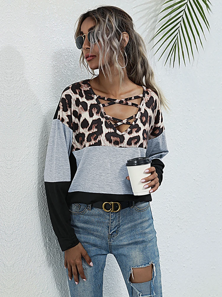 JIM & NORA donna autunno donna donna stampata Patchwork Lrregular Leopard Harajuku camicia per il tempo libero t-Shirt a maniche lunghe top 2023