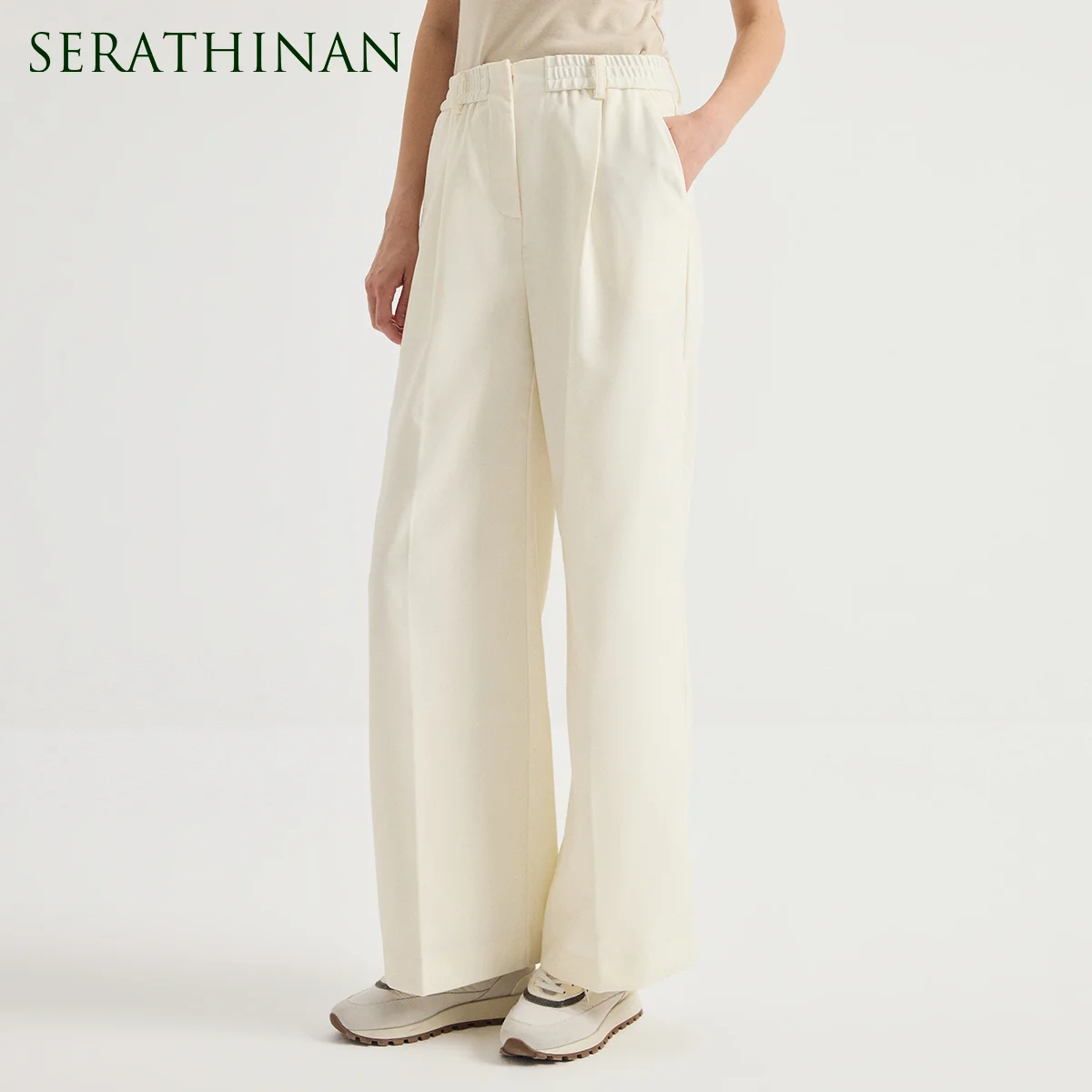 KX7623984 Women's 50% Wool Blend Stretch Elasticated Waist Pleated Wide Leg Trousers Lurex Chain Back Waist Detail Center Crease