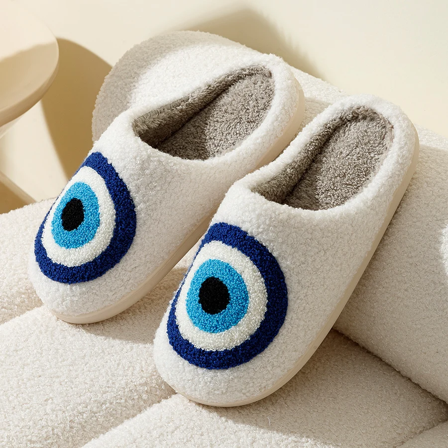 Evil Eyes Blue Embroidery slippers High Quality Women Men Slippers Fashion Pattern Shoes Warm Home Devil\'s Eyes Houseshoes