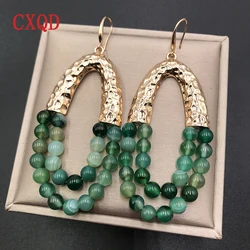 Original Big Long Half Oval Handmade 6mm Natural Agate Exaggerated Simple Geometric Metal Earrings for Women Party Jewelry Gift