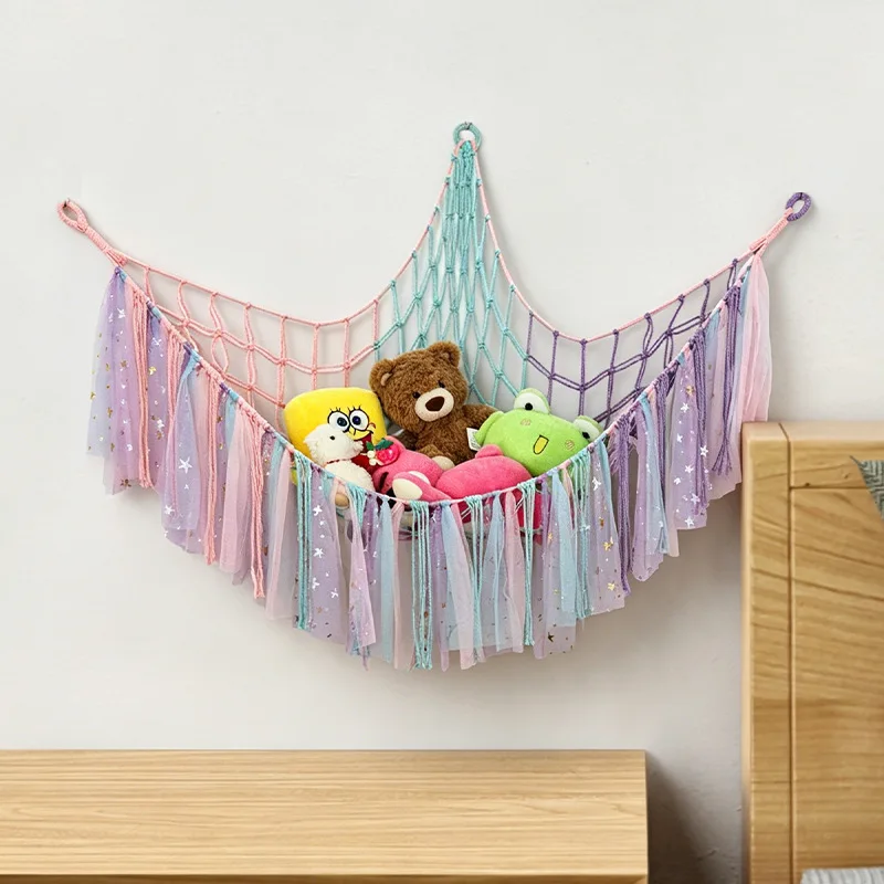 

Handwoven Triangular Stuffed Storage Hammock, Toy Net Bag with Tassel, Wall Hanging Organizer for Kids Room Plush Toys