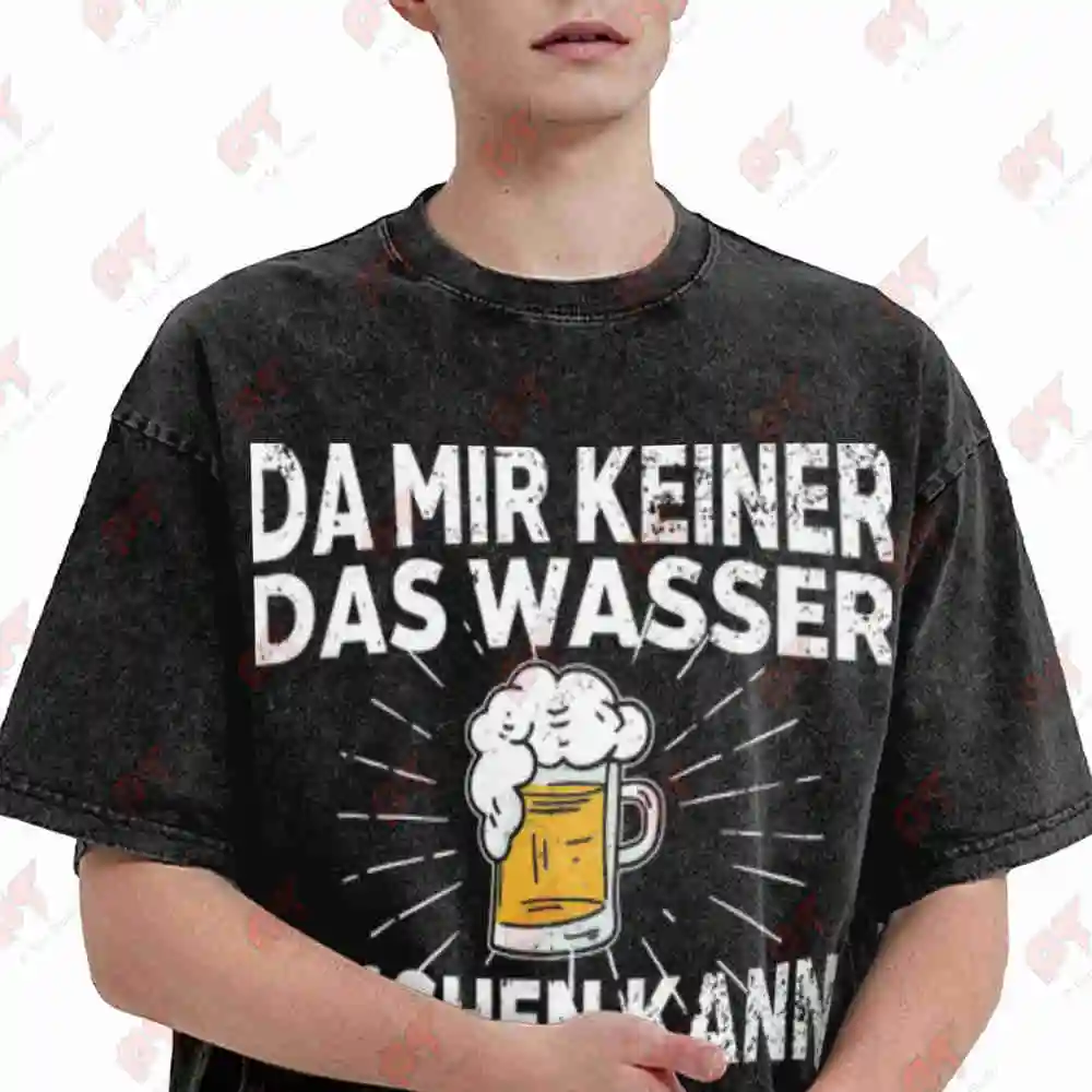 Beer Mug German Writing Vintage Washed Tee Pure Cotton T-Shirt