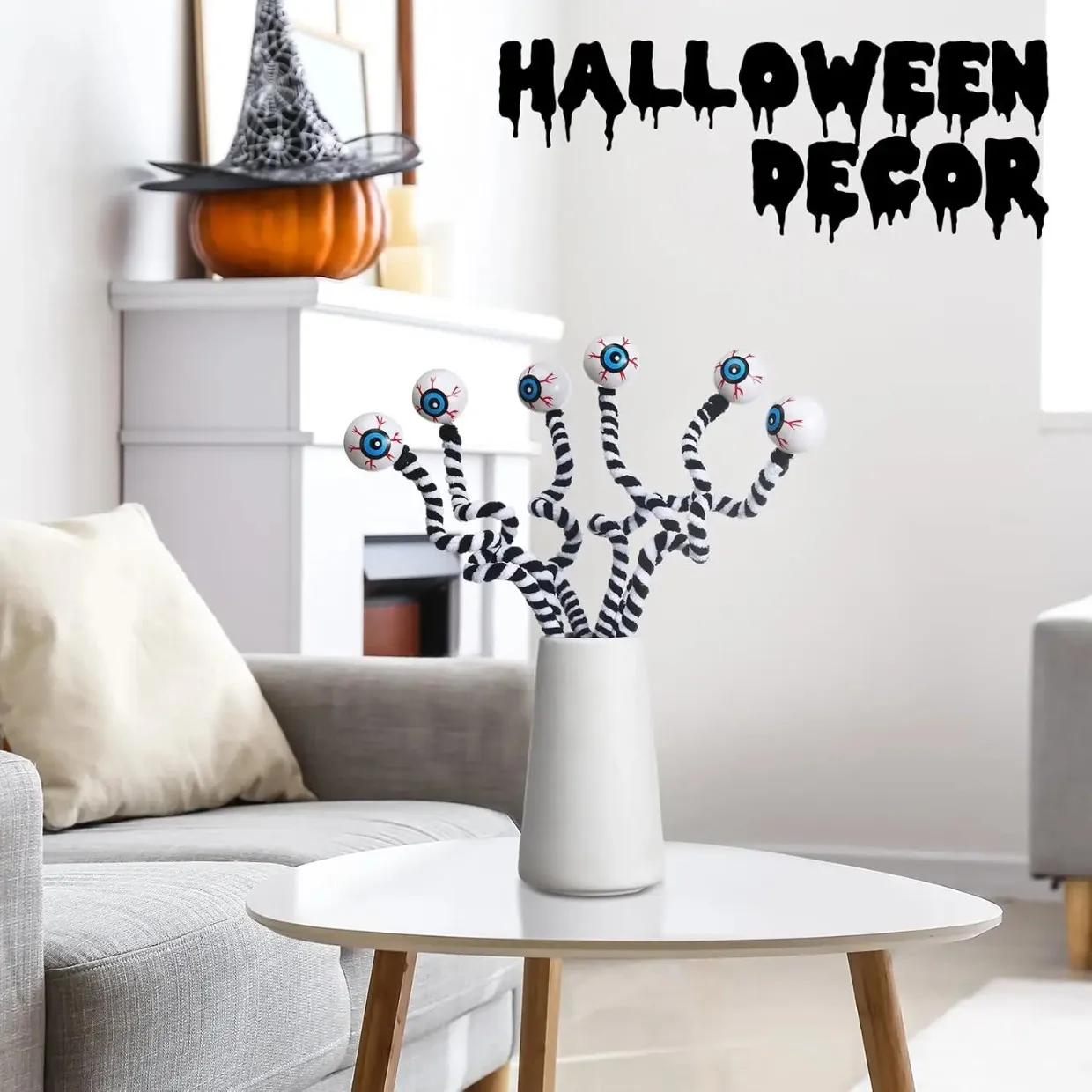 Globos oculares Halloween, ramas hilo blanco y negro, adornos de decoración Halloween DIY, decoraciones Halloween