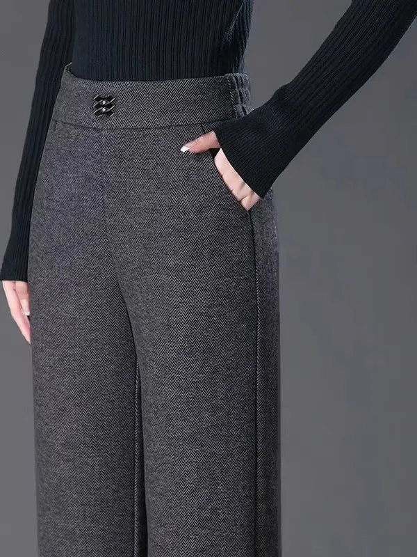 High Waist Fleece Lined Woolen Casual Flared Pants for Women Autumn Winter Fashion plus Size Loose Fit Trousers Casual Style