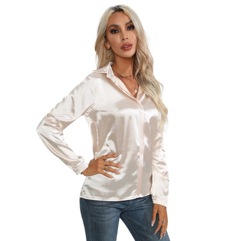 Women\'s Shirts Satin Imitation Silk Long Sleeves Commuting Casual Silk Ice Light Luxury One Button Blouse