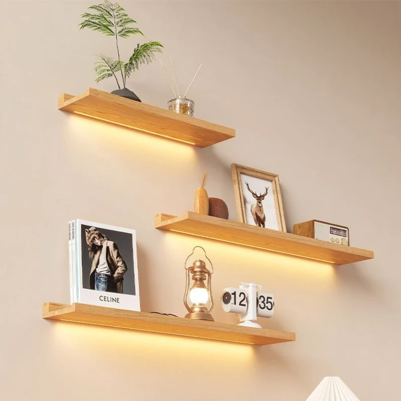 رف تخزين الإضاءة الخشبي الصلب، قسم خشبي مثبت على الحائط، رف مستقيم مضيء مثبت على الحائط، رف كتب إبداعي جديد #1