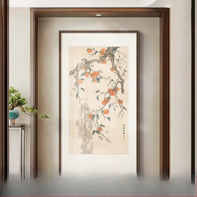 ,facing the entrance door, hanging paintings in the entrance, decorative paintings at the end of the corridor
