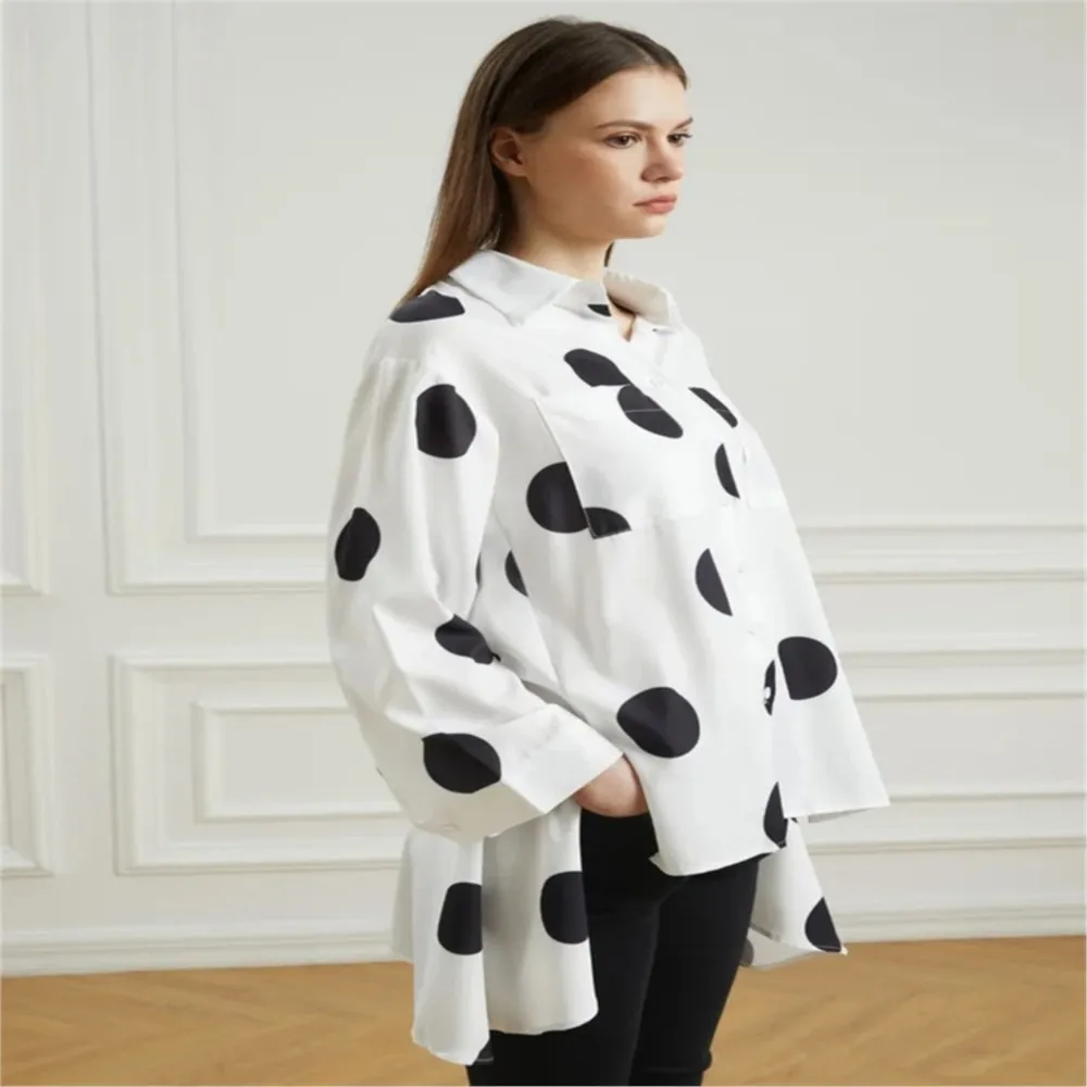 Mode Lange Mouw Polka Dot Print Shirts Vrouwen Herfst Onregelmatige Splits Losse Casual Shirt Vintage Vakantie Blusas Bohemian Tops