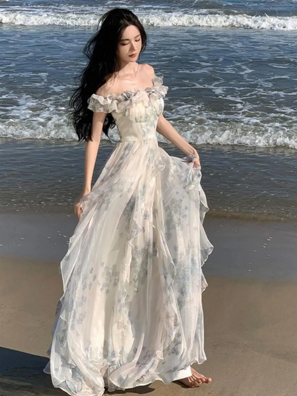

Beach Vacation Style Off-Shoulder Long Dress with Lace Trim Bohemian Sweet High Waist Midi Skirt without Sleeve Summer Dress