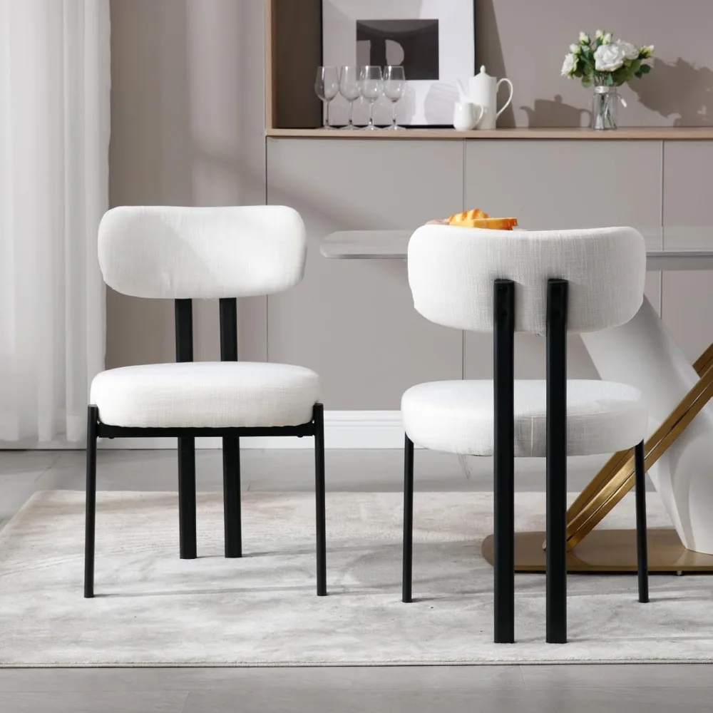 

Set of 2 Modern Dining Chairs - Linen Upholstered w/ Black Metal Legs, Armless