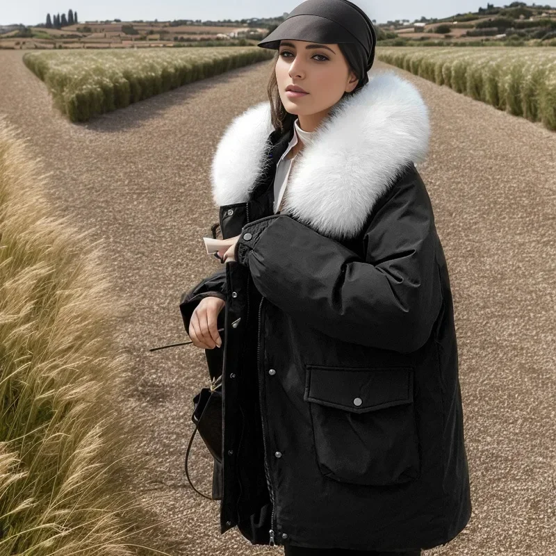 Parkas con capucha y cuello de piel grande acolchado de algodón para mujer, chaqueta gruesa y cálida, abrigo de longitud media, prendas de vestir exteriores para mujer, ropa de nieve 2025