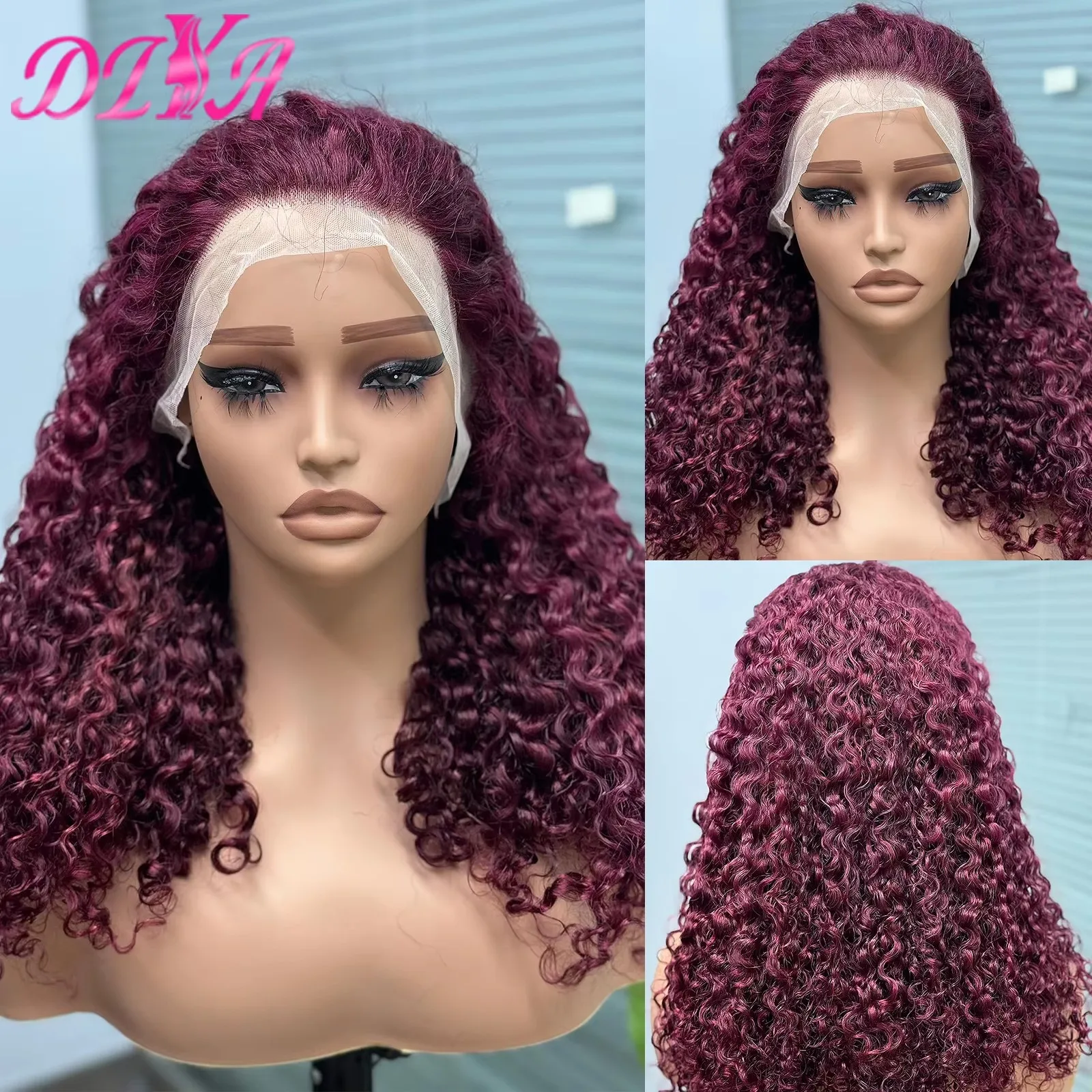 99J Burgundy Burmese rambut palsu manusia keriting untuk hitam wanita 12A rambut palsu keriting bergelombang dengan kepadatan 250% 13x4 Wig Frontal renda