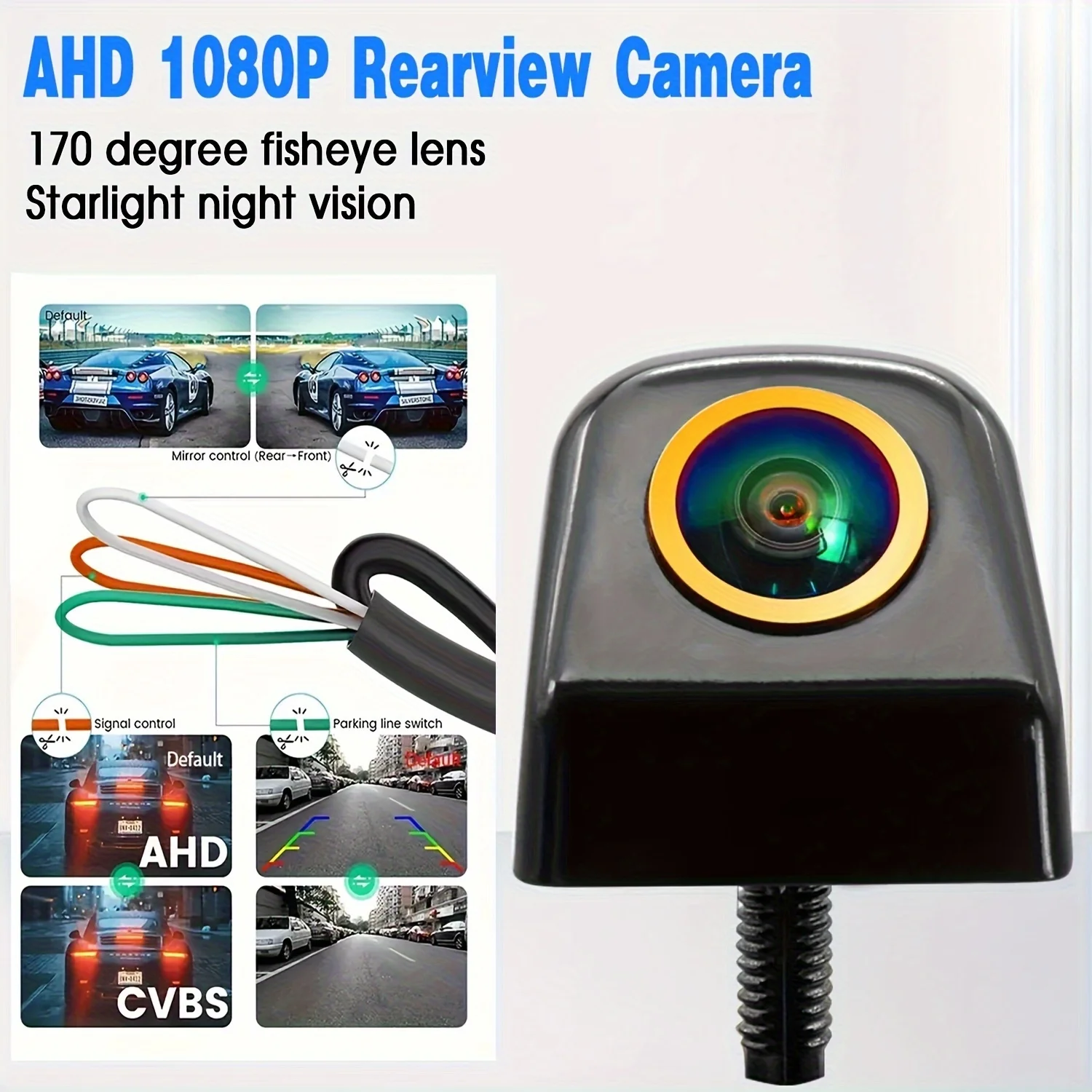 AHD 1080P Backup Camera with 170° Fisheye Golden Lens, AHD/CVBS Switchable, Parking Line On/Off, Front/Rear/Left/Right View