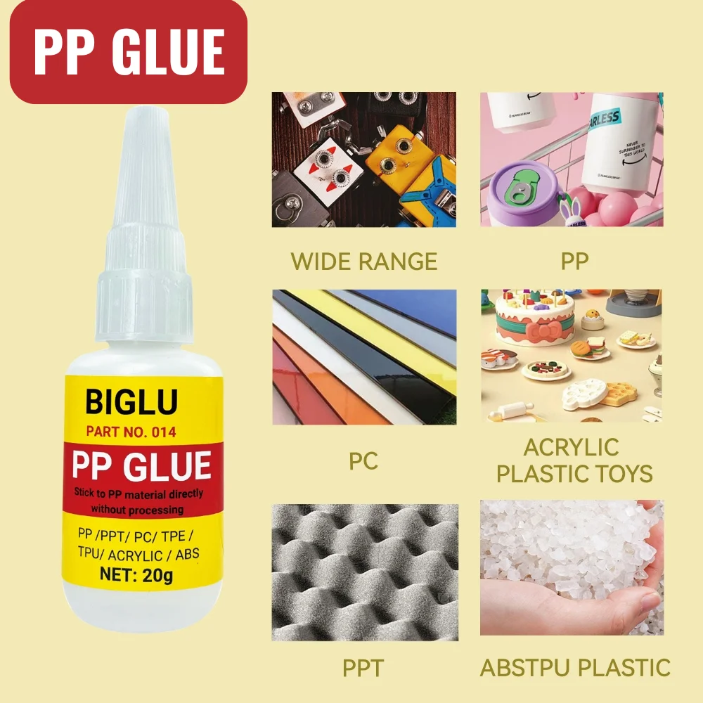 BIGLU lem PP instan 20G, lem polipropilen langsung tanpa procealer ABS PVC 20s perekat kering cepat