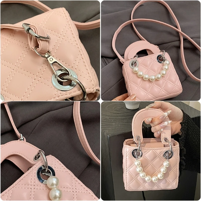 Women Pearls Crossbody Bag PU Leather Shoulder Bag Trend Quilted Bucket Bag Aesthetic Handbag Solid Color Bag