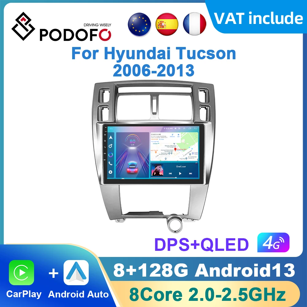 Podofo AI Voice Android Carplay Car Radio For Hyundai Tucson 2006-2013 Android Auto Multimedia Player GPS Navigation RDS Radio