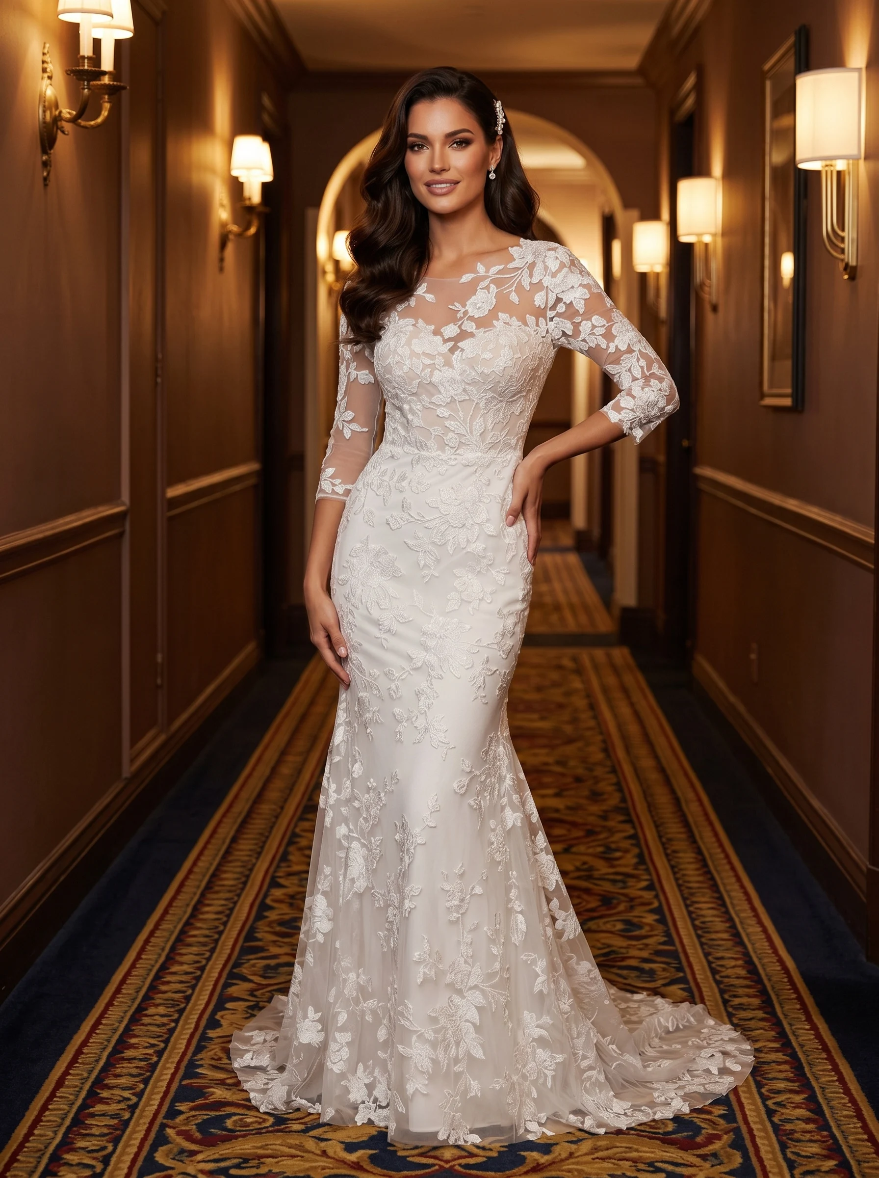 Illusion Neck 3/4 Sleeve All-Over Lace Mermaid Wedding Dress with Floral Appliques and Elegant Train Bridal Gown